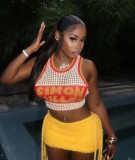 EVE Letter Print Mesh Sleeve Knits Tank Top YWXS-K25L1085