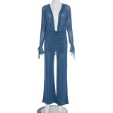 EVE Deep V Neck See Through Micro Flare Pants Suit MXBF-J25ST273