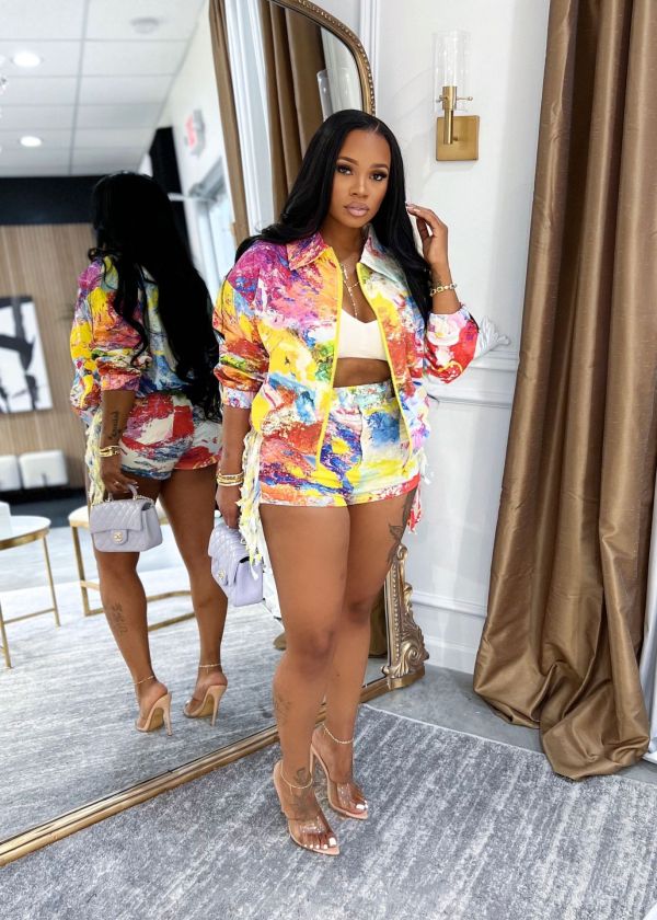 EVE Print Long Sleeve Shirt Shorts Two Piece Set TE-4738