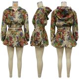 EVE Print Long Sleeve Hooded Two Piece Skirts Set YF-10900