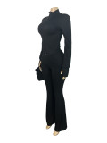 EVE Solid Color Zipper Tops Micro Flare Pant Suit(With Headscarf) CH-25053