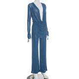 EVE Deep V Neck See Through Micro Flare Pants Suit MXBF-J25ST273