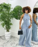 EVE Sleeveless Single-button Backless Denim Jumpsuit GSMF-13390
