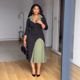 EVE Plus Size Pleated Patchwork Contrast Color Midi Dress NY-3771