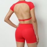 EVE Soilid Color Backless Sport Two Piece Shorts Set GQSA-71200/13776