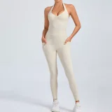 EVE Solid Color Halterneck Backless Sport Jumpsuit GQSA-520166