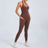 EVE Solid Color Halterneck Backless Sport Jumpsuit GQSA-520166