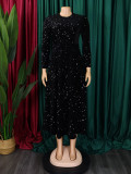EVE Plus Size Solid Color Sequin Long Sleeve Midi Dress GATE-469