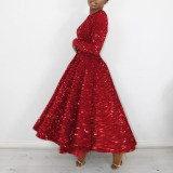EVE Plus Size Solid Color Sequin Long Sleeve Midi Dress GATE-469