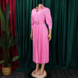 EVE Plus Size Lapel Pleated Midi Dress GATE-522
