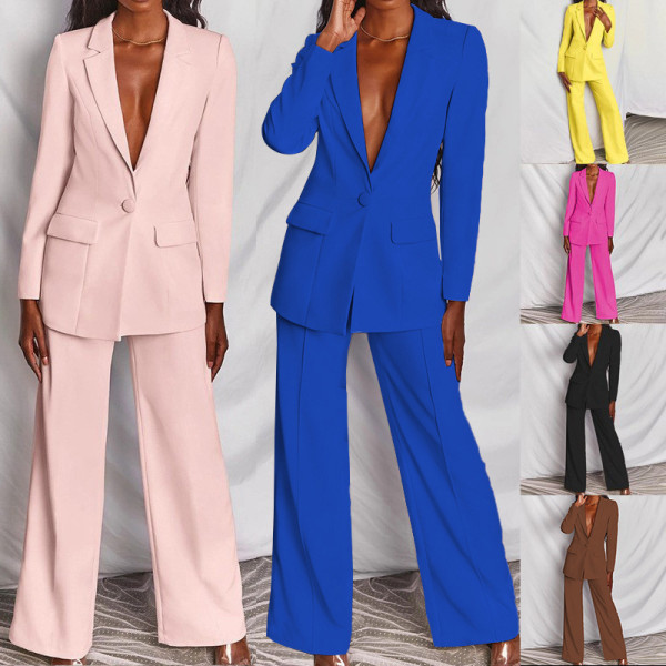 EVE Plus Size Solid Color Blazer Two Piece Pants Set YZCF-ZL1396