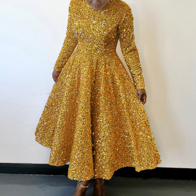 EVE Plus Size Solid Color Sequin Long Sleeve Midi Dress GATE-469