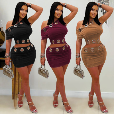 EVE Slash Shoulder Sleeveless Top Two Piece Skirt Set BY-7530