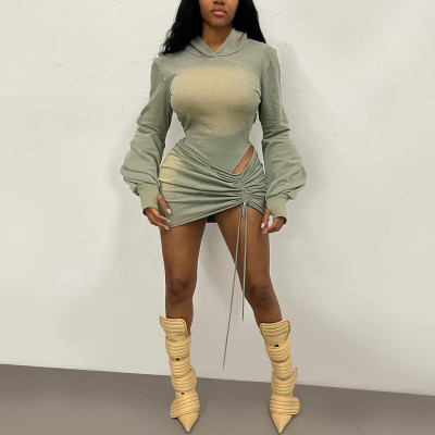 EVE Long Sleeve Backless Hooded Bodysuit Skirt Suit XEF-K25S79493