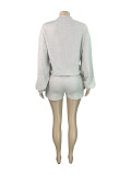 EVE Solid Color Long Sleeve Two Piece Shorts Set CH-25101