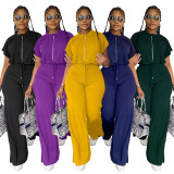 EVE Solid Color Short Sleeve Zipper Two Piece Pant Set GYLY-10163