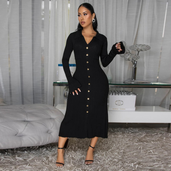 EVE Solid Color V Neck Long Sleeve Long Dress YF-10913