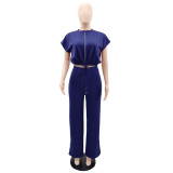 EVE Solid Color Short Sleeve Zipper Two Piece Pant Set GYLY-10163