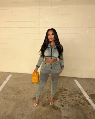 EVE Long Sleeve Zipper Denim Two Piece Pants Set TR-1343