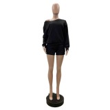 EVE Casual Long Sleeve Sweatshirt Two Piece Shorts Set QOUY-6065