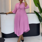 EVE Plus Size 3/4 Sleeve Tie Up Press Pleated Midi Dress GCZF-8639