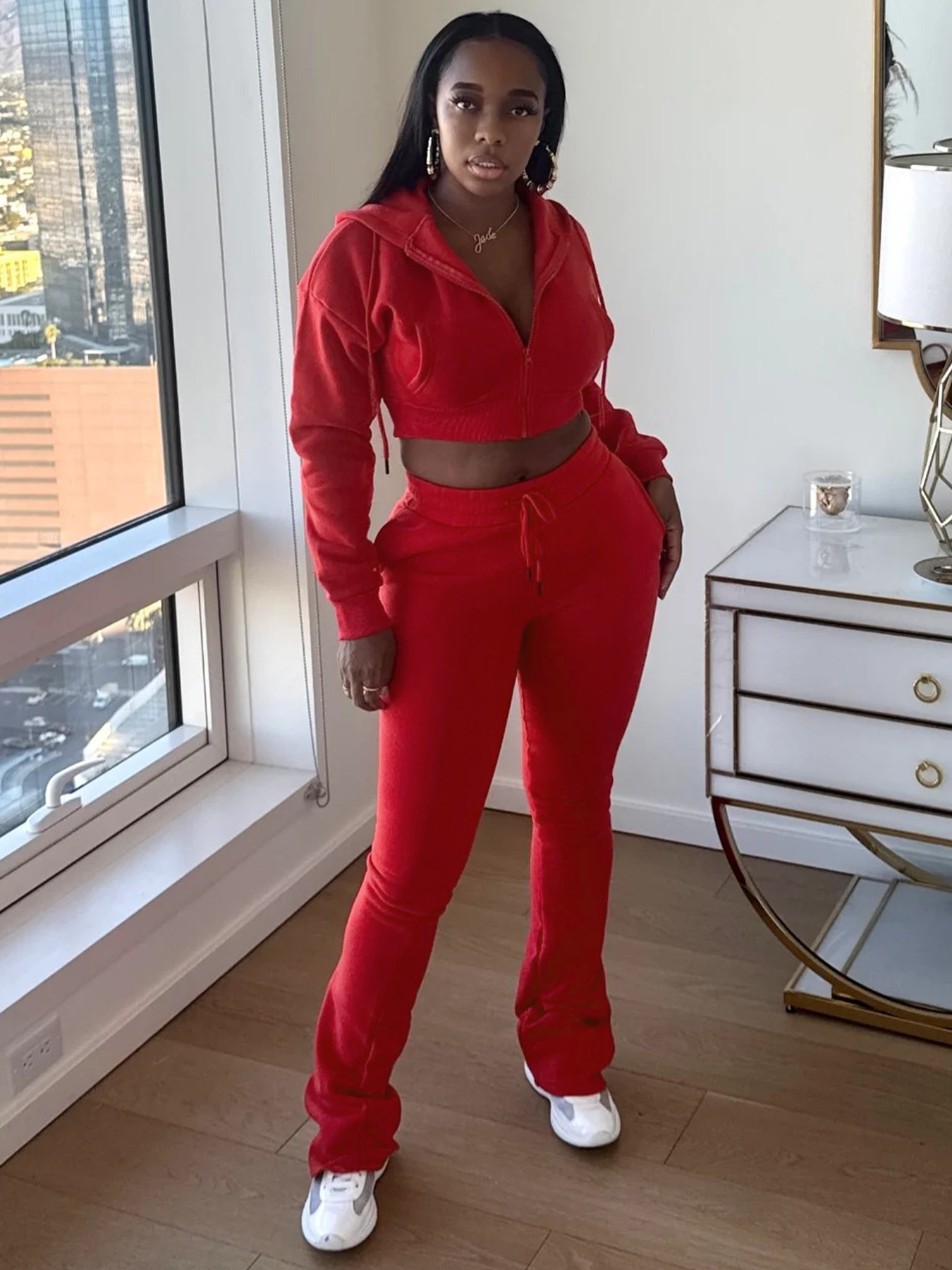 EVE | Wholesale EVE Fleece Hooded Sweatshirt Wide-Leg Pants Suit
