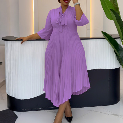 EVE Plus Size 3/4 Sleeve Tie Up Press Pleated Midi Dress GCZF-8639