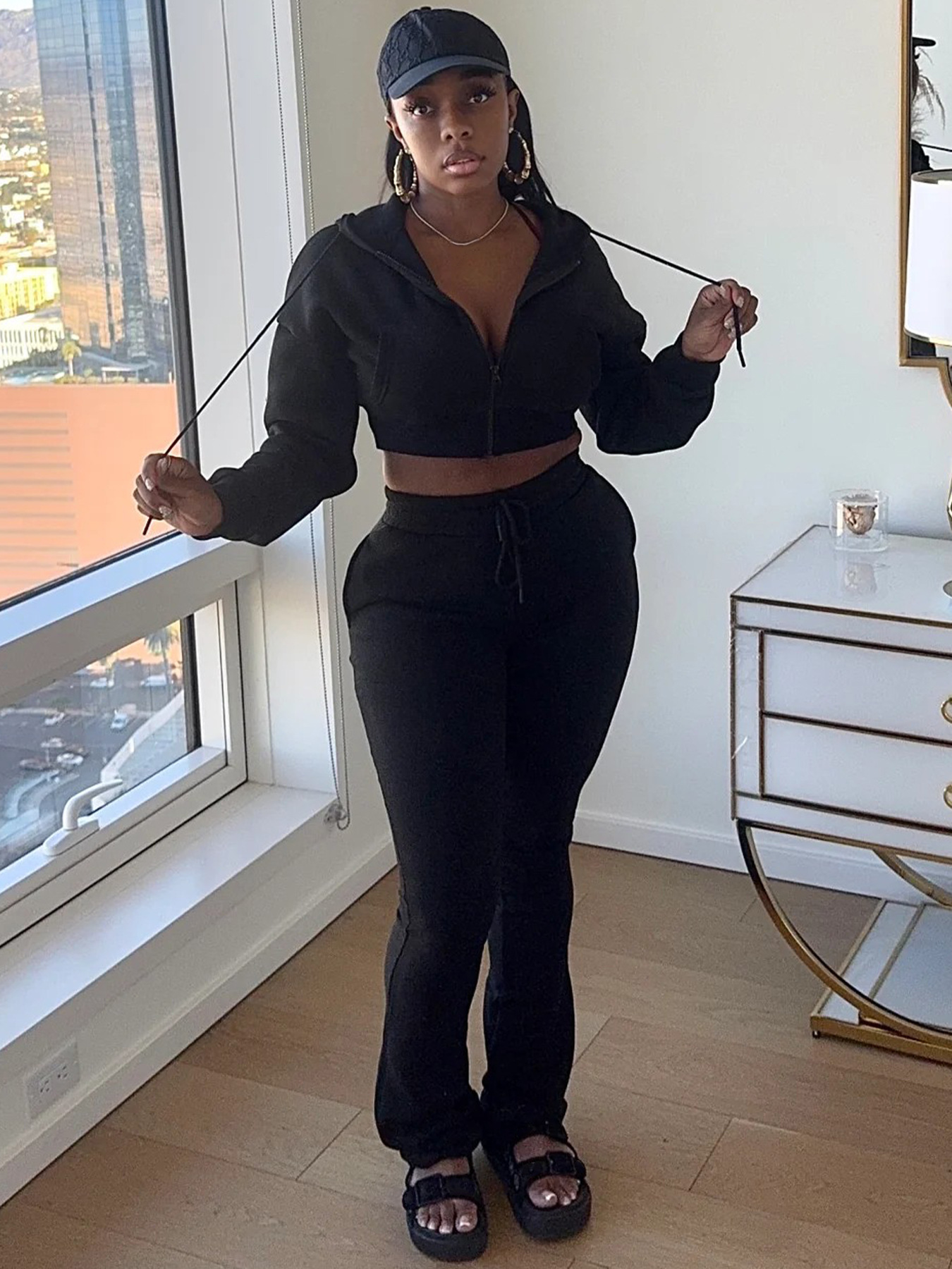 EVE | Wholesale EVE Fleece Hooded Sweatshirt Wide-Leg Pants Suit