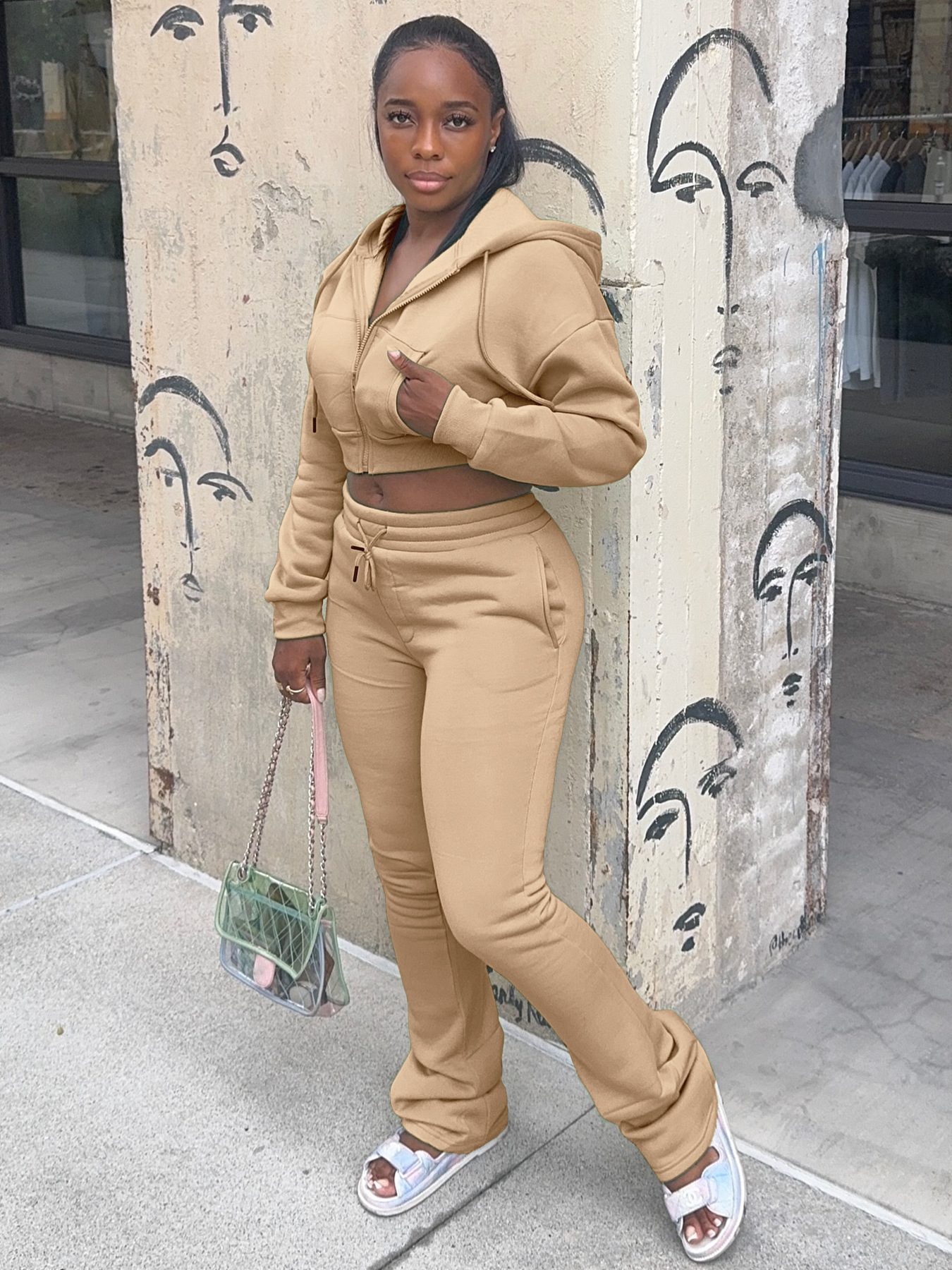 EVE | Wholesale EVE Fleece Hooded Sweatshirt Wide-Leg Pants Suit