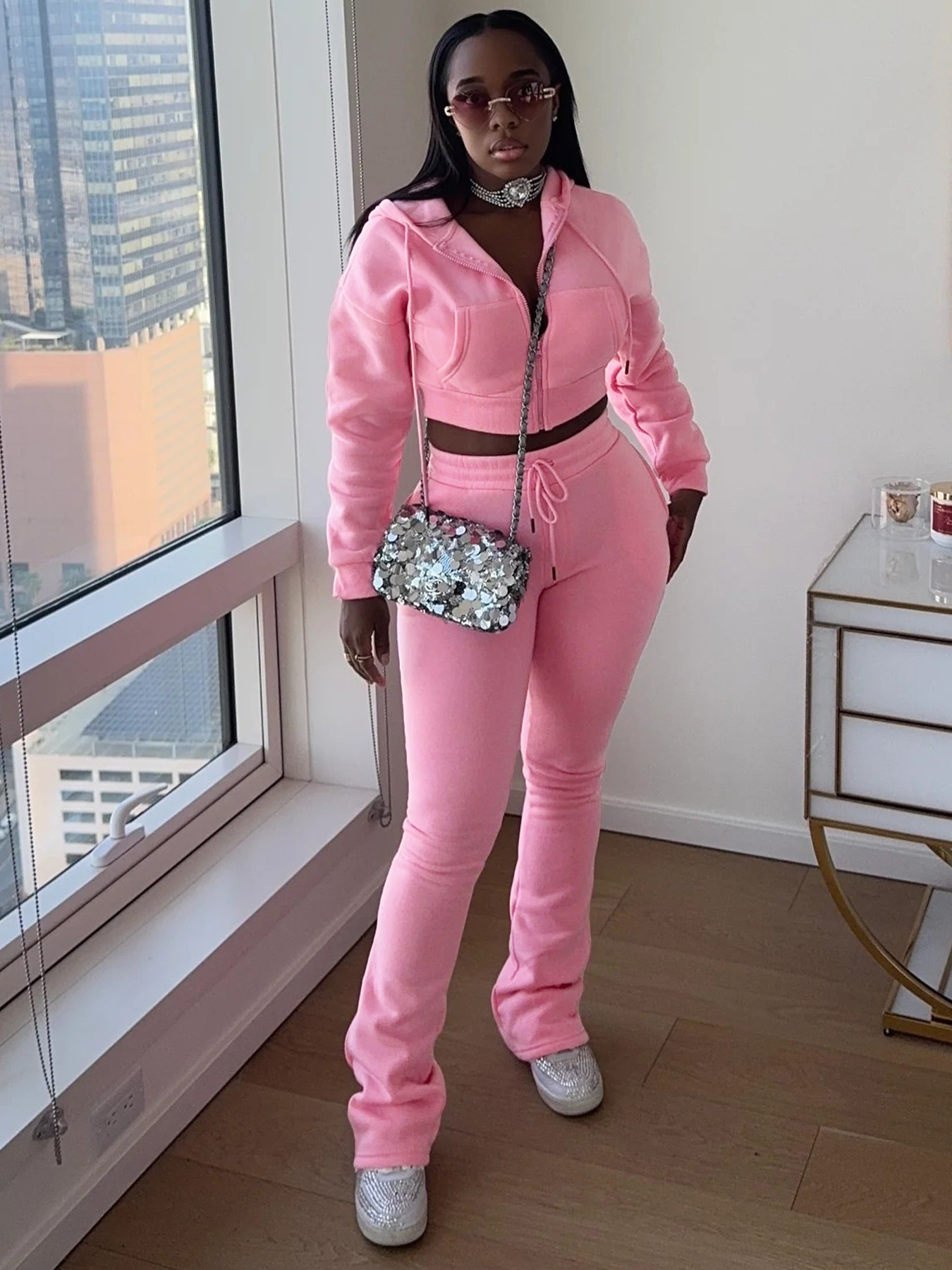 EVE | Wholesale EVE Fleece Hooded Sweatshirt Wide-Leg Pants Suit