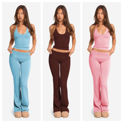 EVE Fashion Solid Color Hallterneck Two Piece Pants Set YD-8829