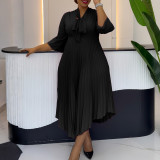 EVE Plus Size 3/4 Sleeve Tie Up Press Pleated Midi Dress GCZF-8639