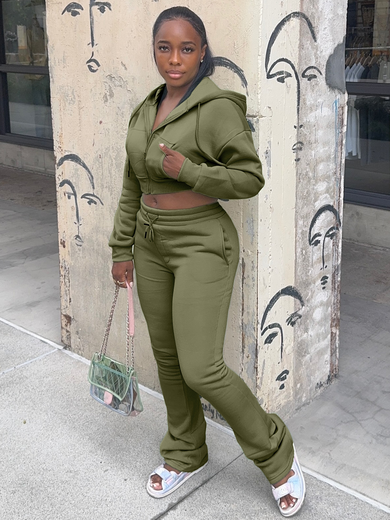 EVE | Wholesale EVE Fleece Hooded Sweatshirt Wide-Leg Pants Suit
