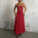 EVE Solid Color Wrap Chest Hollow Out Maxi Dress SUM-YJ24627PFO