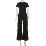 EVE O Neck Embroidered T-Shirt with Fringe Wide-Leg Pants Set GSLF-K23S40781