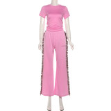 EVE O Neck Embroidered T-Shirt with Fringe Wide-Leg Pants Set GSLF-K23S40781