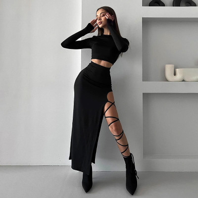 EVE Solid Color Long Sleeve Bandage Skirt Two Piece Set GSZM-D23ST272