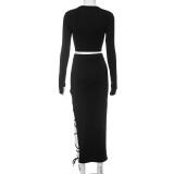 EVE Solid Color Long Sleeve Bandage Skirt Two Piece Set GSZM-D23ST272