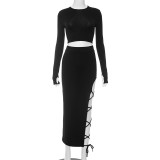 EVE Solid Color Long Sleeve Bandage Skirt Two Piece Set GSZM-D23ST272