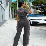 EVE O Neck Embroidered T-Shirt with Fringe Wide-Leg Pants Set GSLF-K23S40781