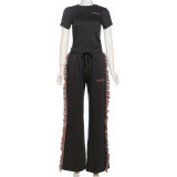 EVE O Neck Embroidered T-Shirt with Fringe Wide-Leg Pants Set GSLF-K23S40781