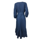 EVE Ruffles Lantern Sleeve V-neck Denim Midi Dress FYWF-DF0617