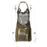 EVE Solid Color Backless Halterneck Mini Dress LJSF-D217593W