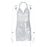EVE Solid Color Backless Halterneck Mini Dress LJSF-D217593W