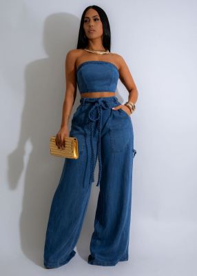 EVE Fashion Denim Wrap Chest Wide Leg Pans Suit FYWF-YW0869