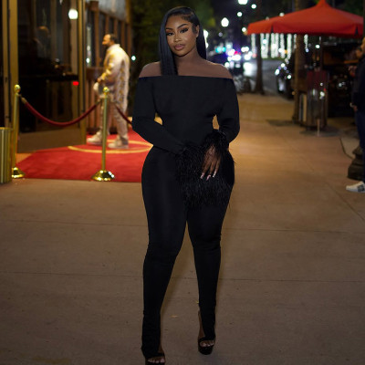 EVE Solid Color Fur Long Sleeve Jumpsuit MXBF-J25JP276