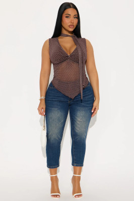 EVE Polka Dots Print Mesh Vest Tops GXIY-K25L1220