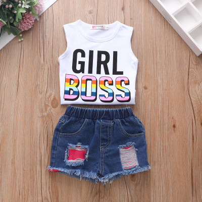 EVE Kids Girl Letter Print Sleeveless Denim Shorts Suit YKTZ-21123