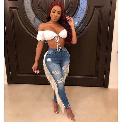 EVE Plus Size Fashion Holes Tassel Tight Jeans ONY-3658