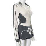 EVE Contrast Color Long Sleeve Two Piece Shorts Set GDSF-K24ST371
